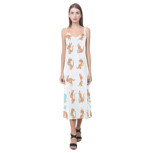 Cute Kangaroo pattern V-Neck Open Fork Long Dress