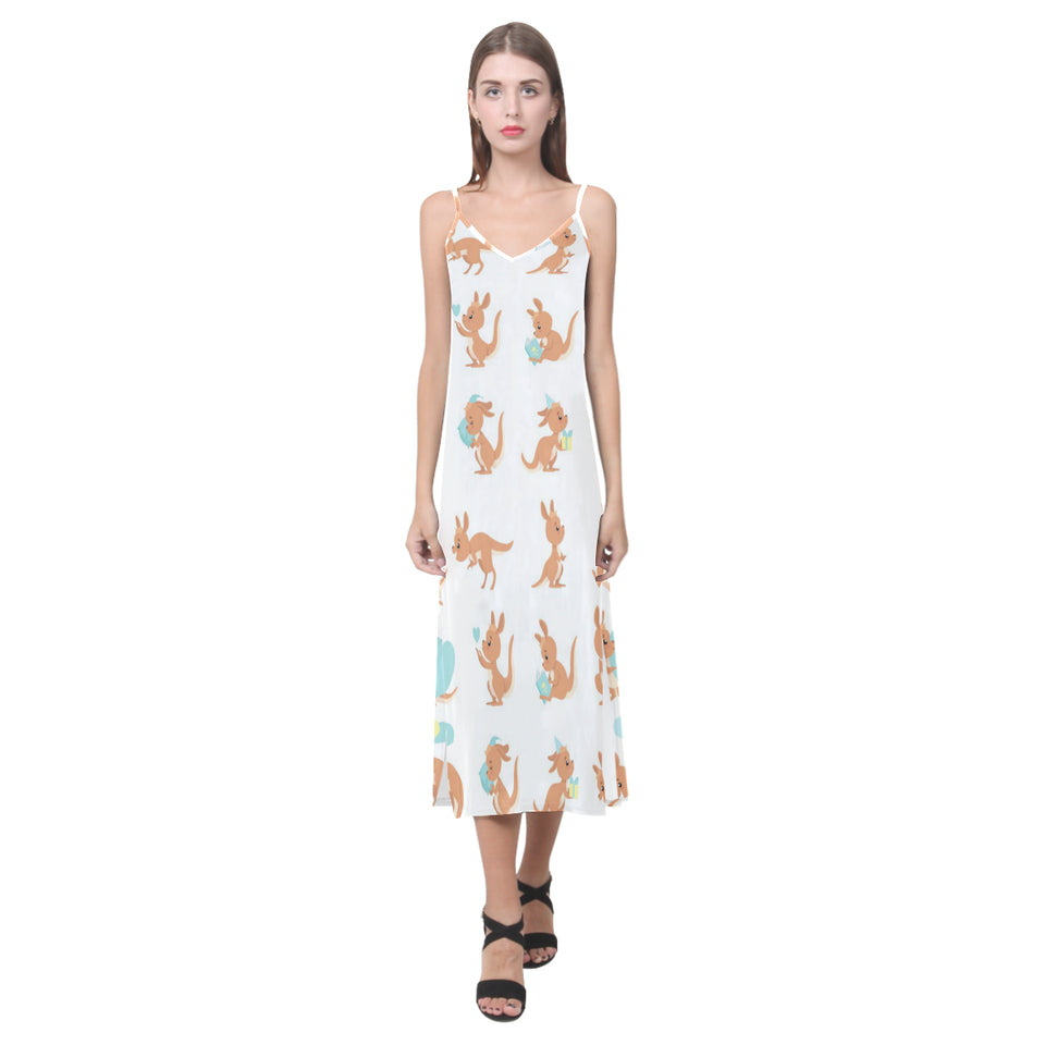 Cute Kangaroo pattern V-Neck Open Fork Long Dress