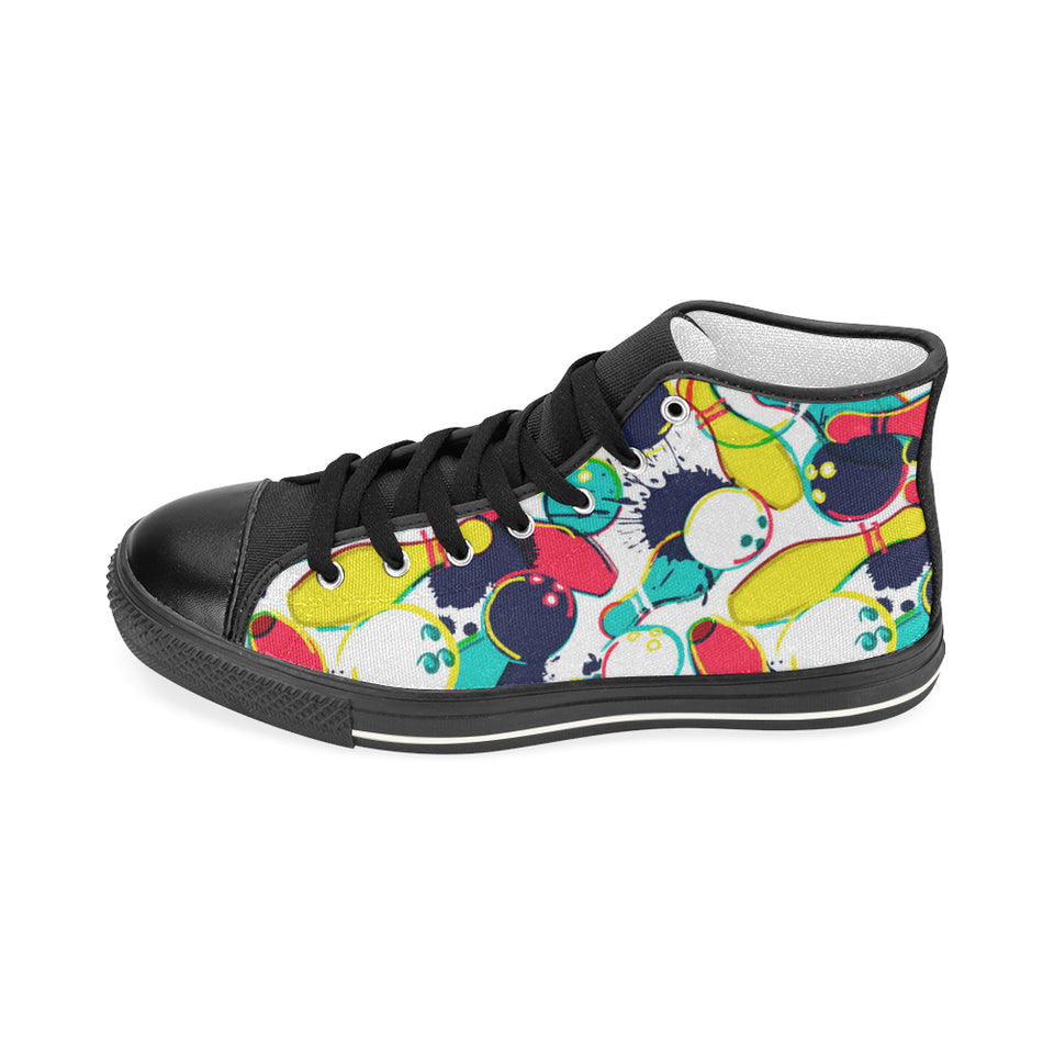 watercolor bowling ball pins Women's High Top Canvas Shoes Black