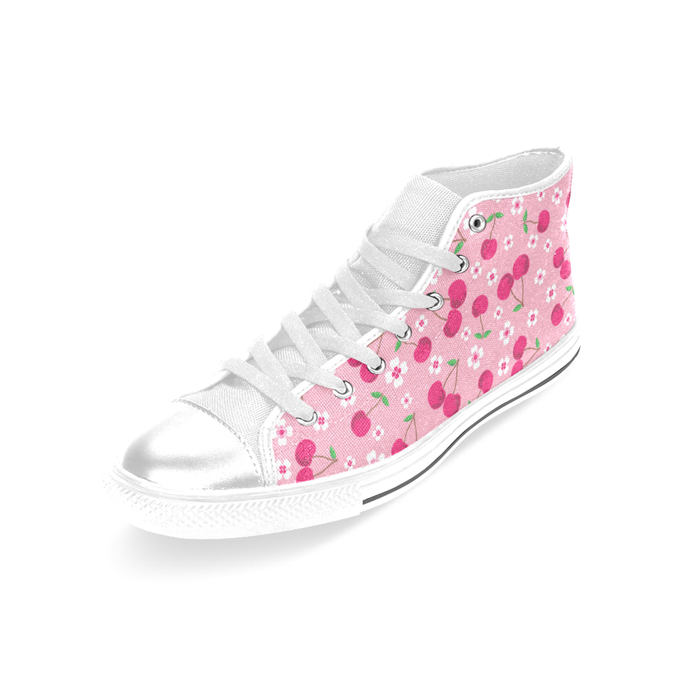 cherry flower pattern pink background Women's High Top Canvas Shoes White