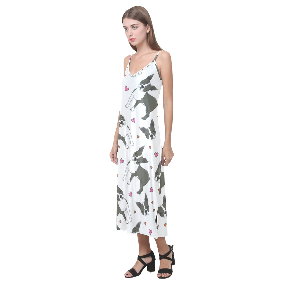 Boston terrier dog hearts vector pattern V-Neck Open Fork Long Dress