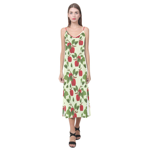 Red apples leaves pattern V-Neck Open Fork Long Dress