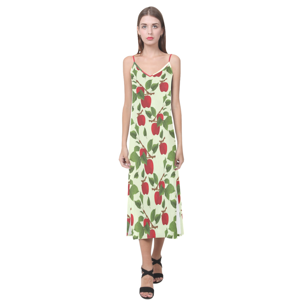 Red apples leaves pattern V-Neck Open Fork Long Dress