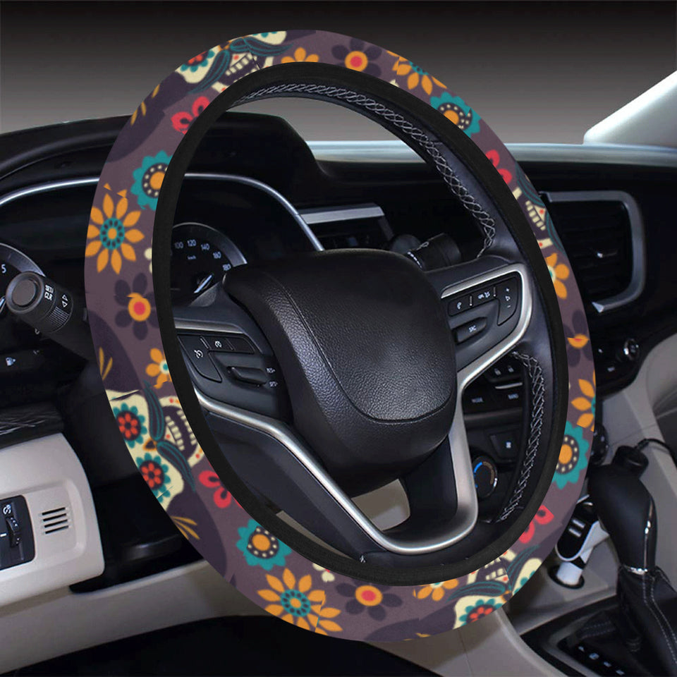 Sugar skulls flower maxican pattern Car Steering Wheel Cover