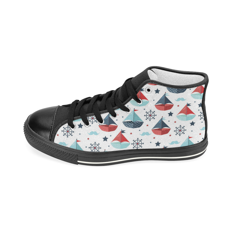 Cute color paper sailboat pattern Women's High Top Canvas Shoes Black