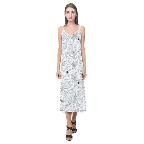 Spider web cobweb pattern white background V-Neck Open Fork Long Dress