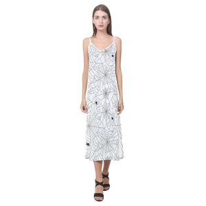 Spider web cobweb pattern white background V-Neck Open Fork Long Dress