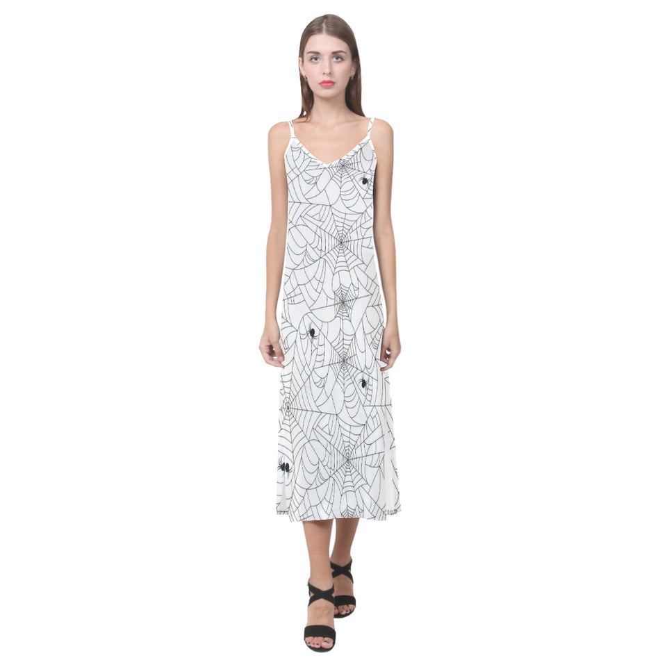 Spider web cobweb pattern white background V-Neck Open Fork Long Dress