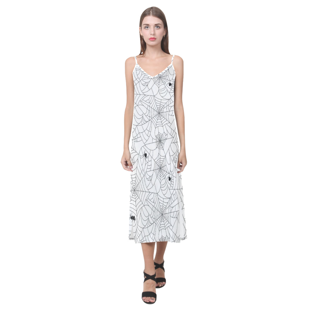 Spider web cobweb pattern white background V-Neck Open Fork Long Dress
