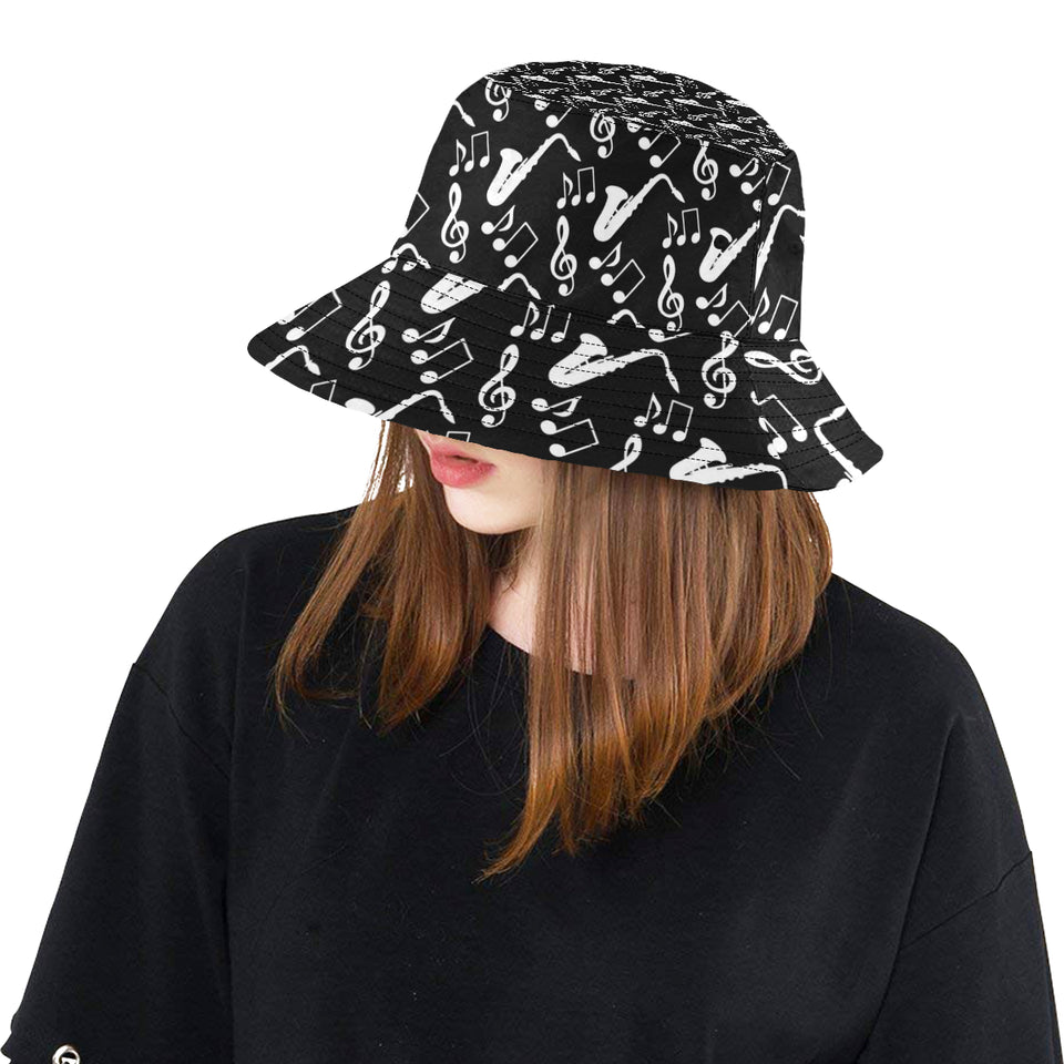 Saxophone music notes treble clef black white them Unisex Bucket Hat