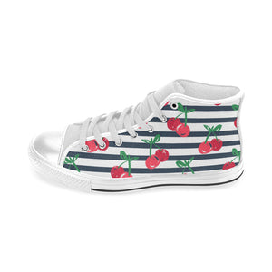 Hand drawn cherry pattern striped background Men's High Top Canvas Shoes White