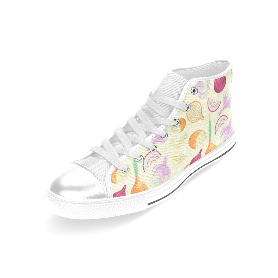 Onion garlic white red pattern Women's High Top Canvas Shoes White