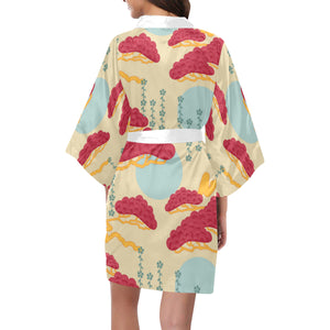 Red Bonsai gray sun japanese pattern Women's Short Kimono Robe