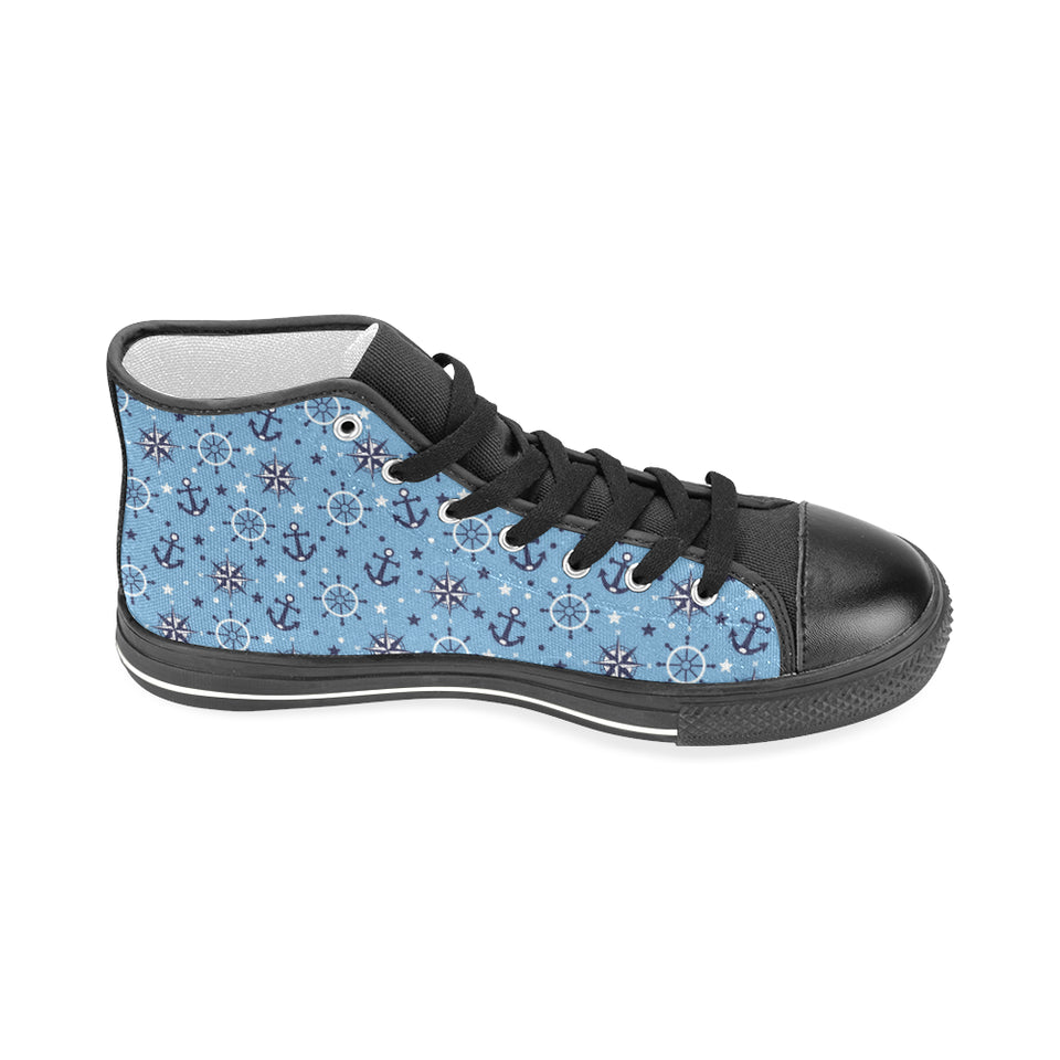 Anchors rudder compass star nautical pattern Men's High Top Canvas Shoes Black