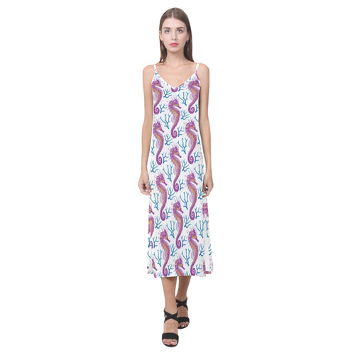 Purple seahorse blue coral pattern V-Neck Open Fork Long Dress