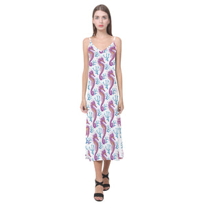 Purple seahorse blue coral pattern V-Neck Open Fork Long Dress
