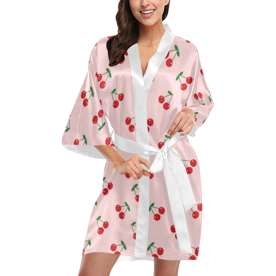 cherry pattern pink background Women's Short Kimono Robe