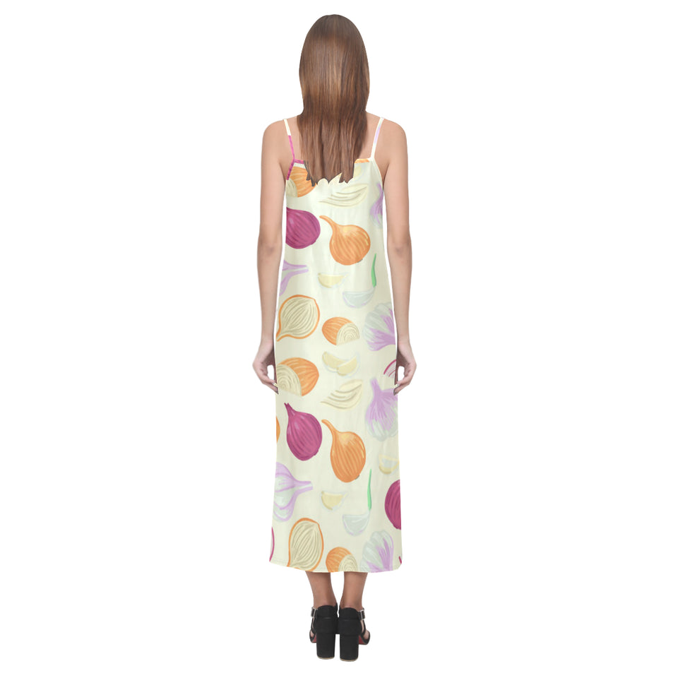 Onion garlic white red pattern V-Neck Open Fork Long Dress