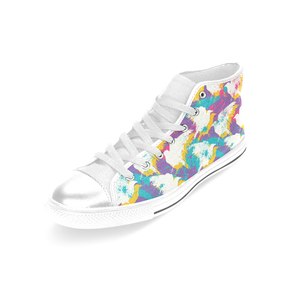 Colorful crow illustration pattern Women's High Top Canvas Shoes White