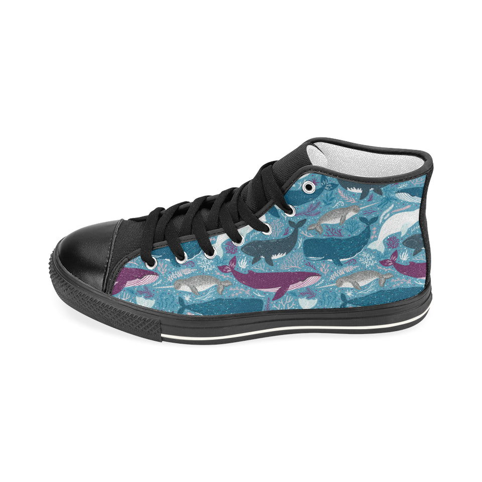 Whale design pattern Women's High Top Canvas Shoes Black