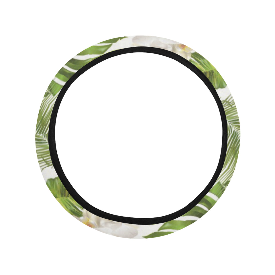 White orchid flower tropical leaves pattern Car Steering Wheel Cover
