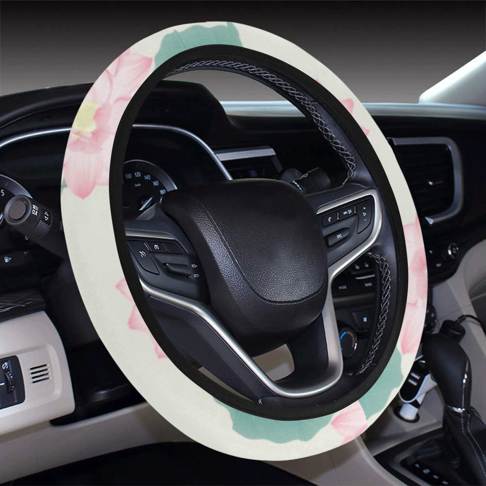 Pink lotus waterlily leaves pattern Car Steering Wheel Cover