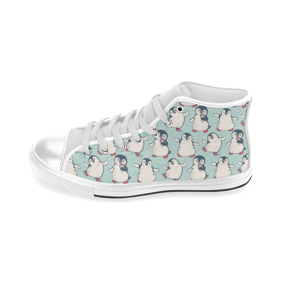 Cute Penguin pattern Men's High Top Canvas Shoes White