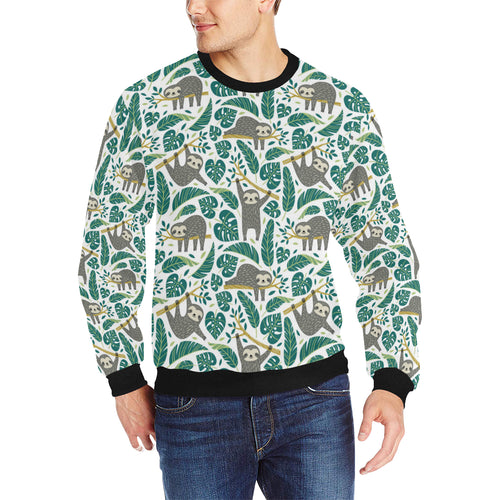 Cute sloths tropical palm leaves white background Men's Crew Neck Sweatshirt