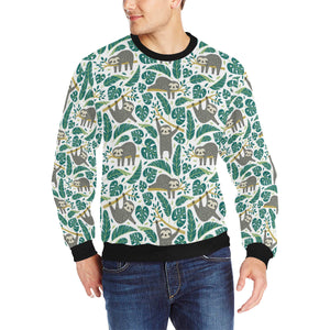 Cute sloths tropical palm leaves white background Men's Crew Neck Sweatshirt