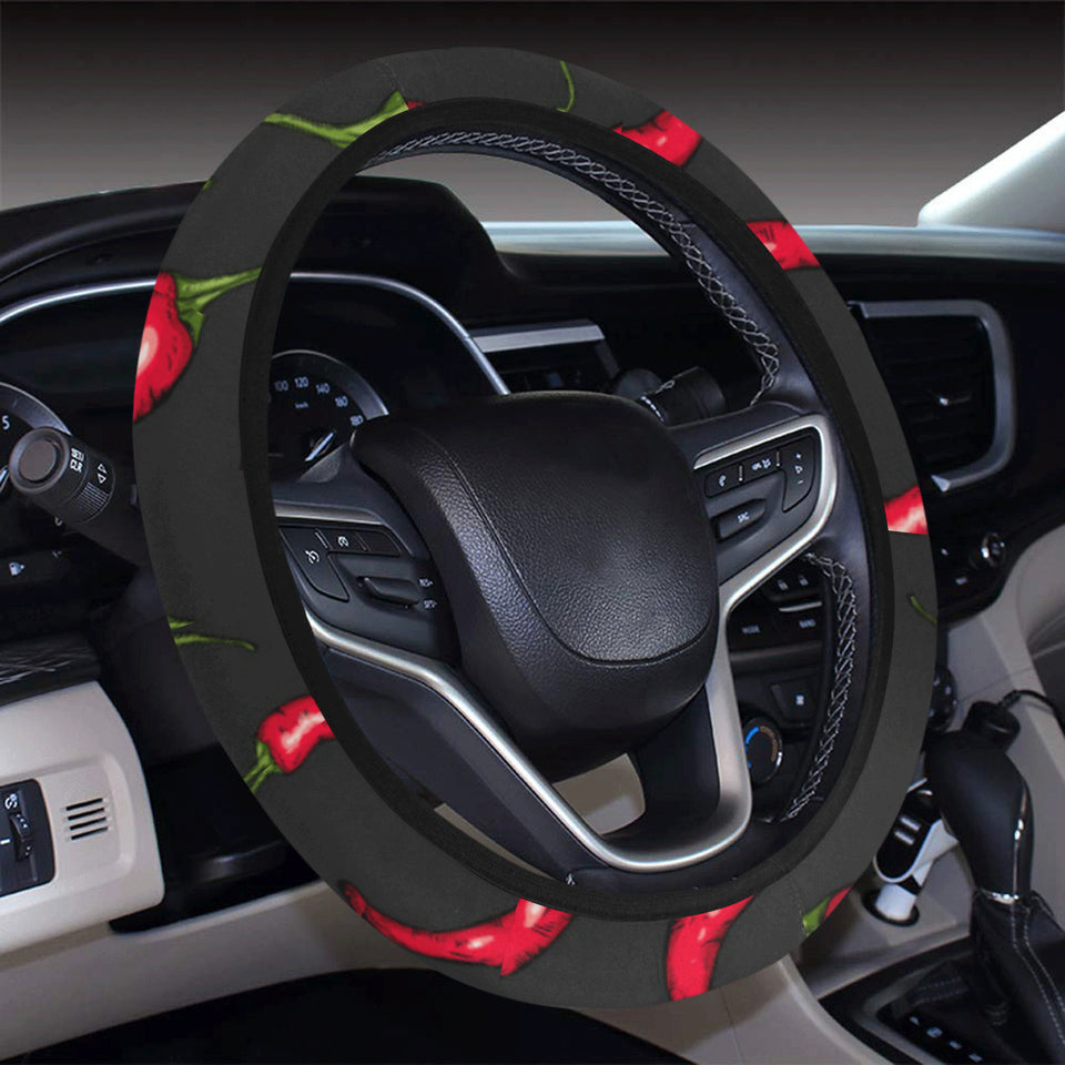 Chili peppers pattern black background Car Steering Wheel Cover