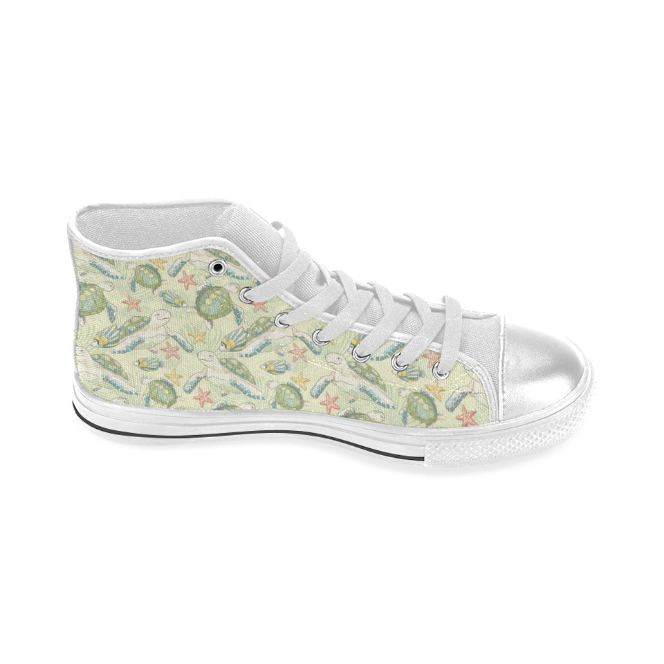 Hand drawn sea turtle fish pattern Women's High Top Canvas Shoes White