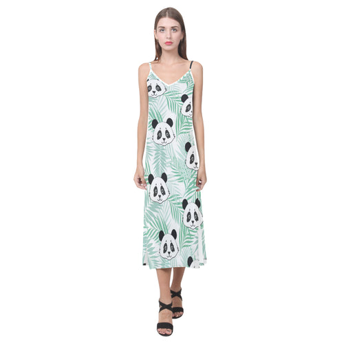 Panda pattern tropical leaves background V-Neck Open Fork Long Dress