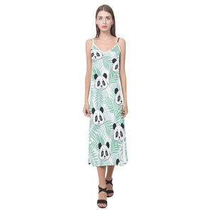 Panda pattern tropical leaves background V-Neck Open Fork Long Dress