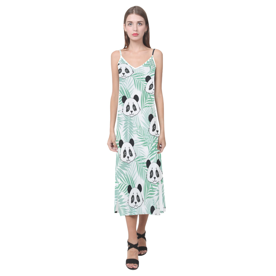 Panda pattern tropical leaves background V-Neck Open Fork Long Dress