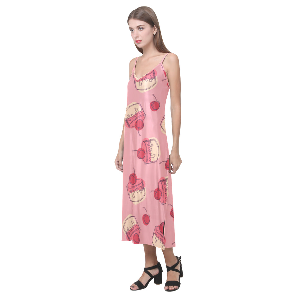 Cake cherry pattern V-Neck Open Fork Long Dress