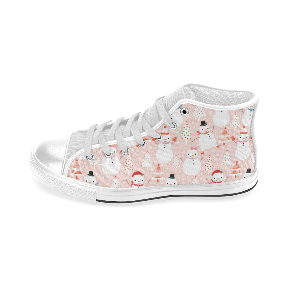 Cute snowman christmas tree snowpink background Men's High Top Canvas Shoes White