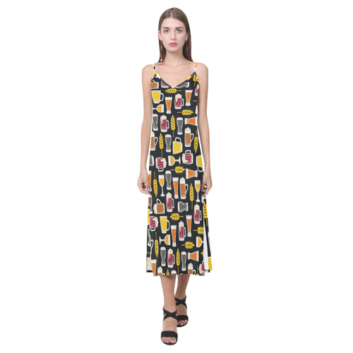 Beer type pattern V-Neck Open Fork Long Dress