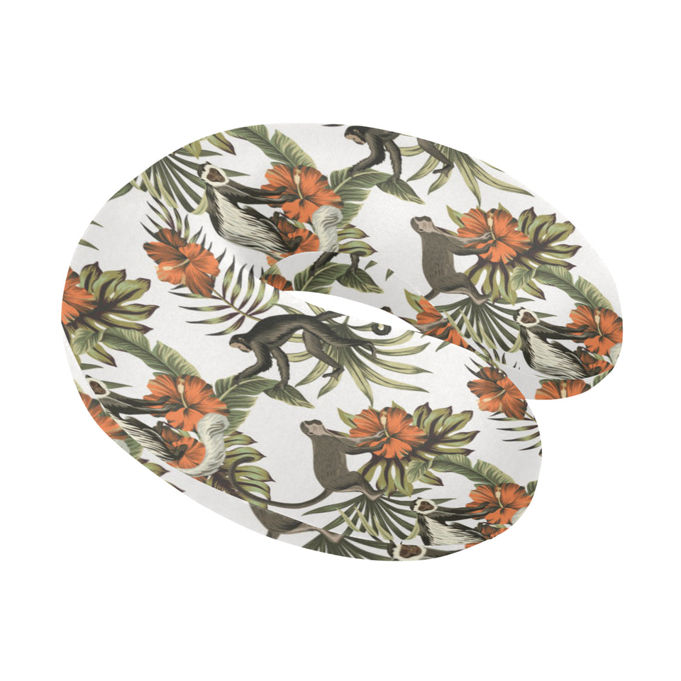 Monkey red hibiscus flower palm leaves floral patt U-Shaped Travel Neck Pillow