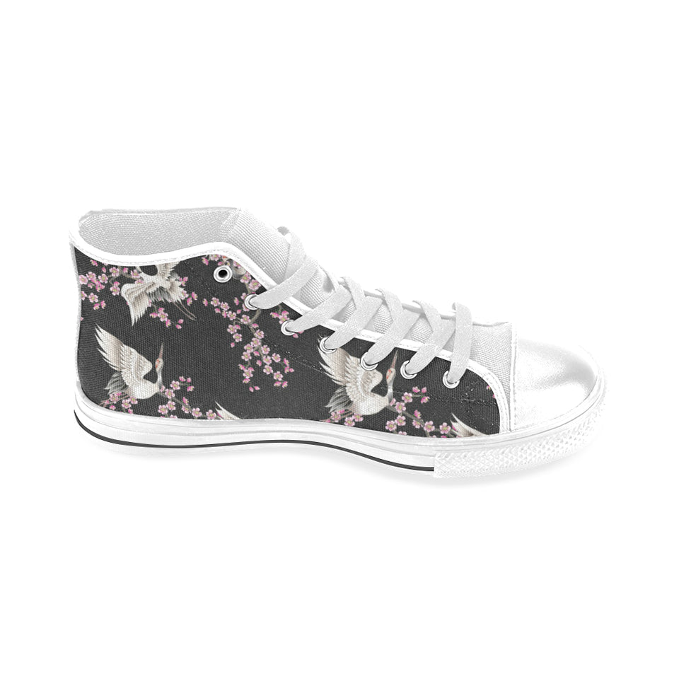 Japanese crane pink sakura pattern Men's High Top Canvas Shoes White