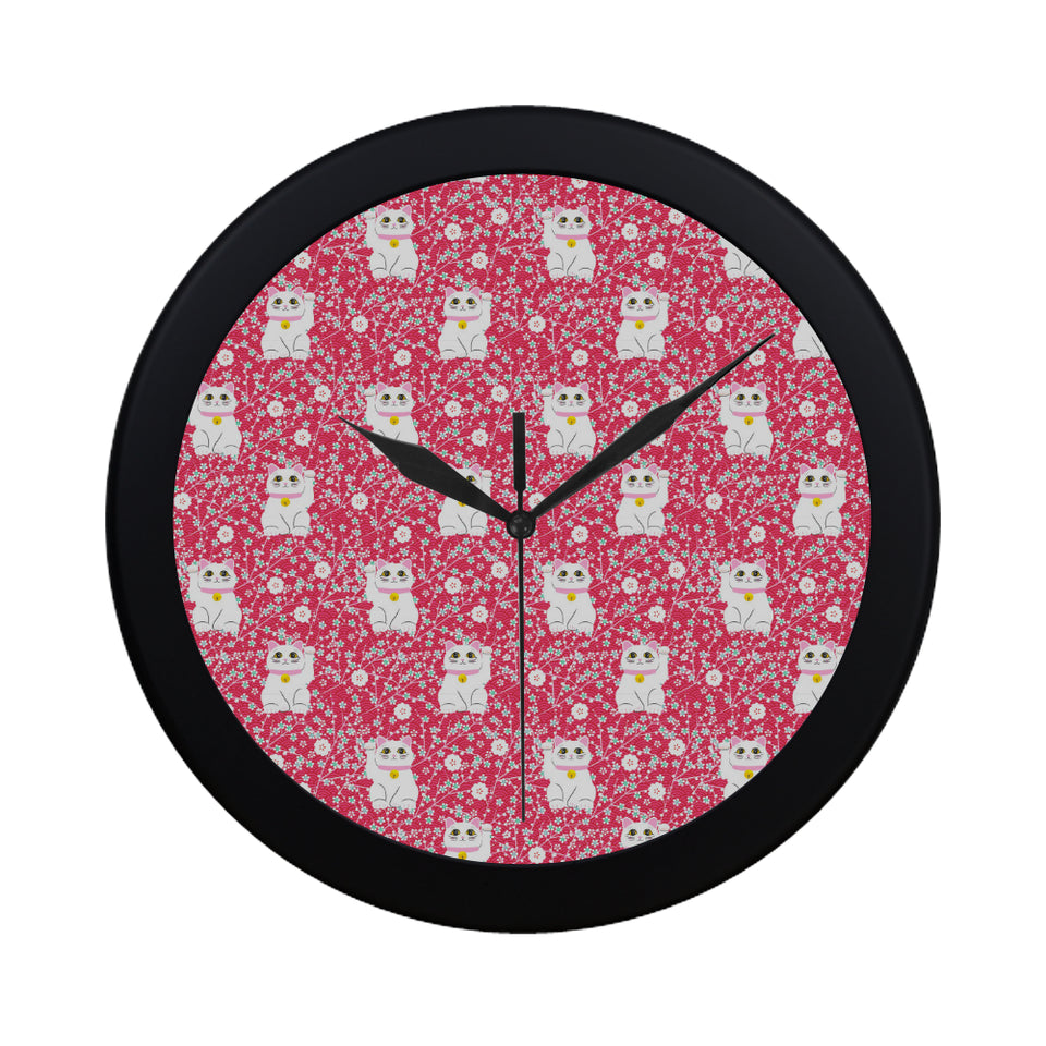 Maneki neko cat sakura pink background Elegant Black Wall Clock