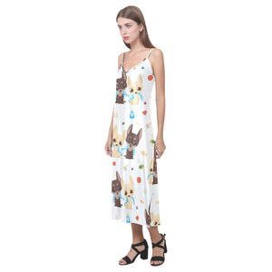 Cute Chihuahua dog pattern V-Neck Open Fork Long Dress