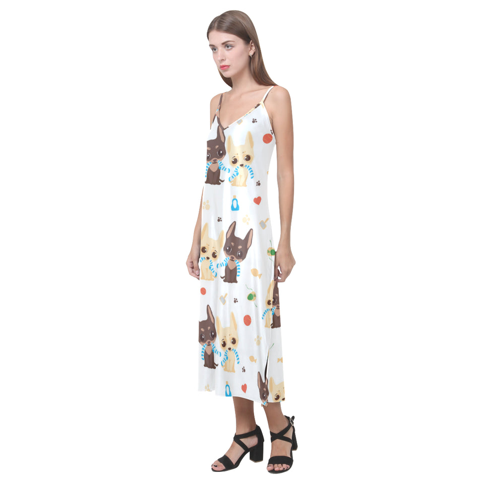 Cute Chihuahua dog pattern V-Neck Open Fork Long Dress