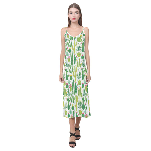 Cactus pattern copy V-Neck Open Fork Long Dress