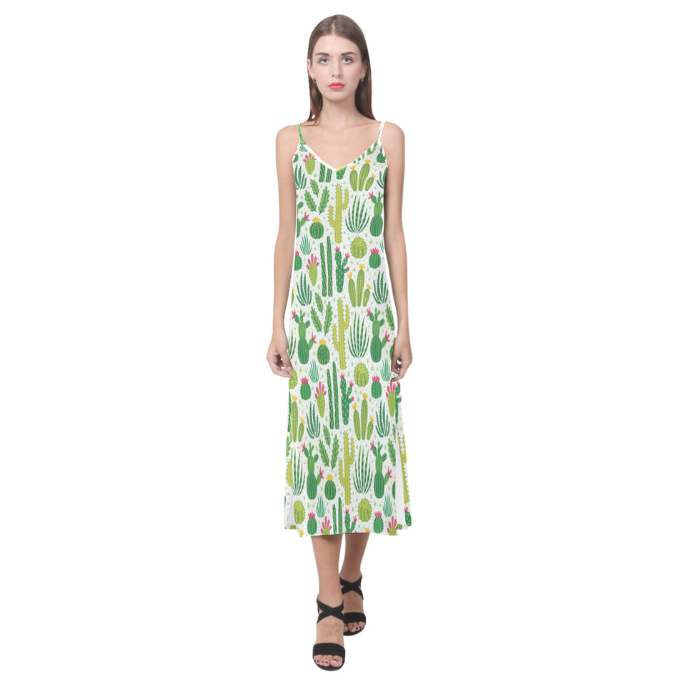 Cactus pattern copy V-Neck Open Fork Long Dress