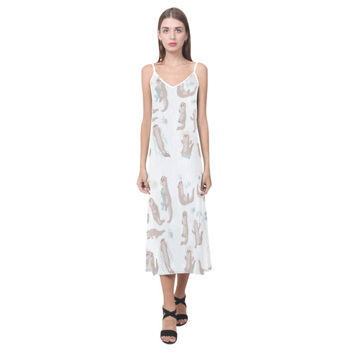 Cute sea otters pattern V-Neck Open Fork Long Dress