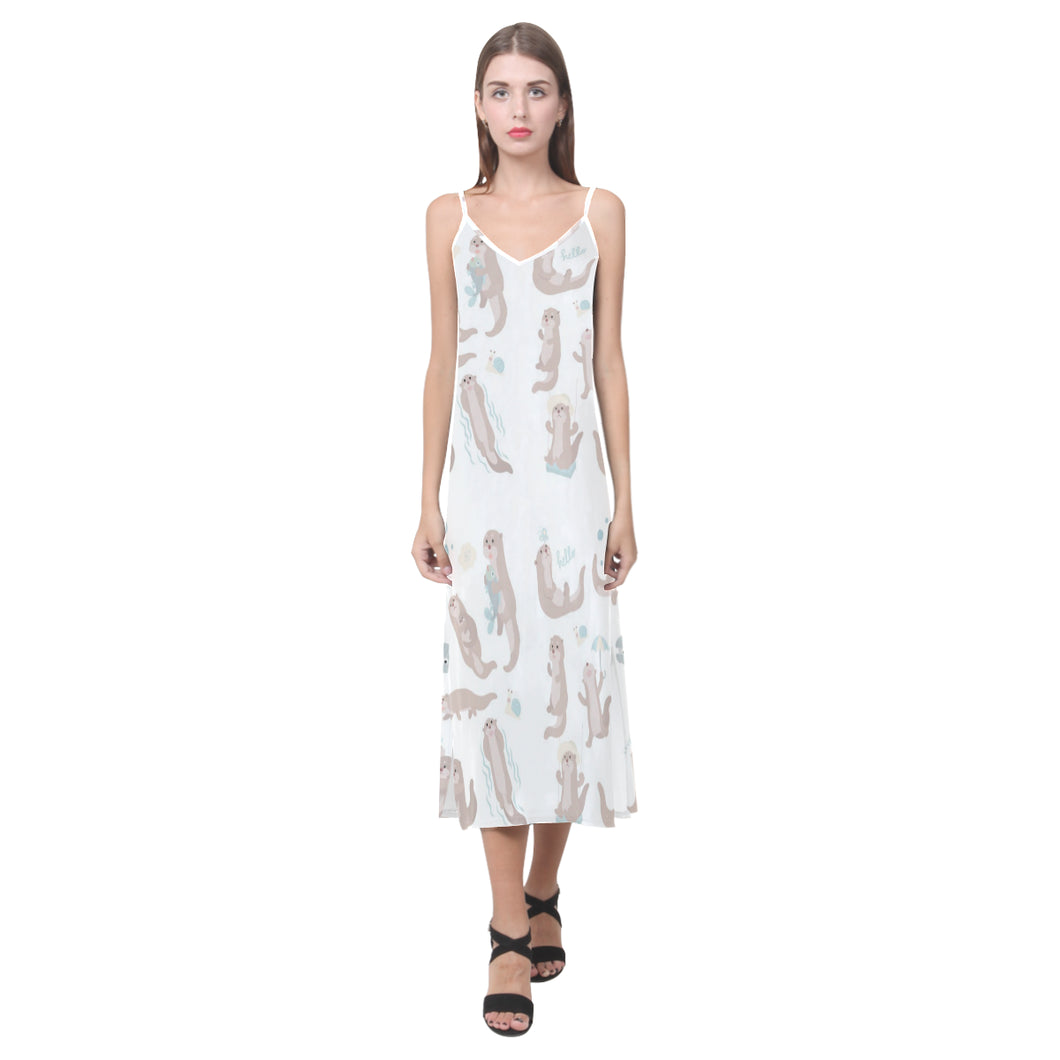 Cute sea otters pattern V-Neck Open Fork Long Dress