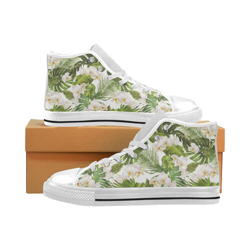 White orchid flower tropical leaves pattern Men's High Top Canvas Shoes White
