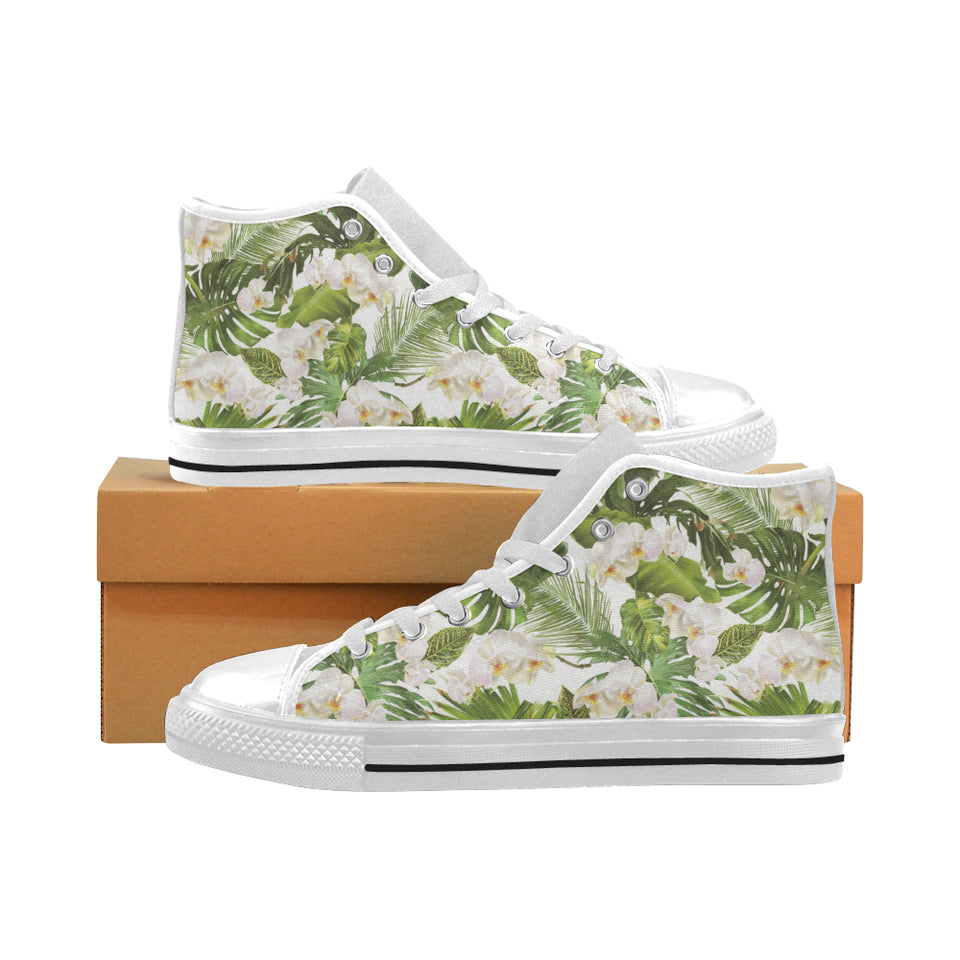White orchid flower tropical leaves pattern Men's High Top Canvas Shoes White