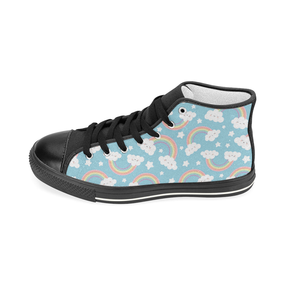 Cute rainbow clound star pattern blue background Women's High Top Canvas Shoes Black