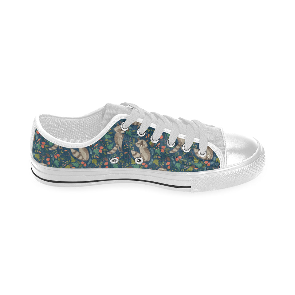 Raccoon tropical leaves pattern Men's Low Top Shoes White